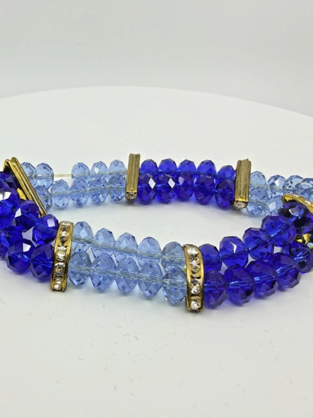 Vintage Y2K Blue Crystal Faceted Beaded Multi Strand Stretch Cuff Bracelet Retro